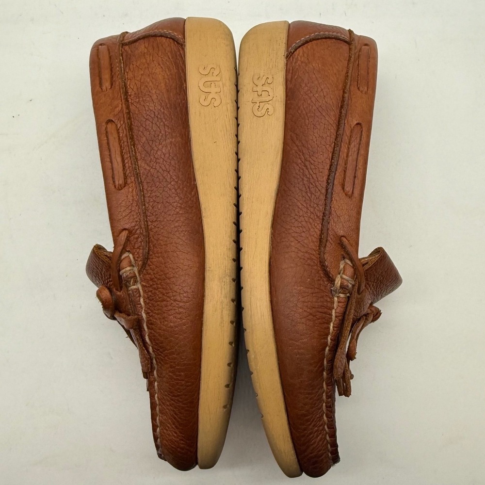 SAS Kiltie Womens 7.5 W Cognac Brown Pebbled Leather Moccasin Loafers Fringe - Picture 9 of 9